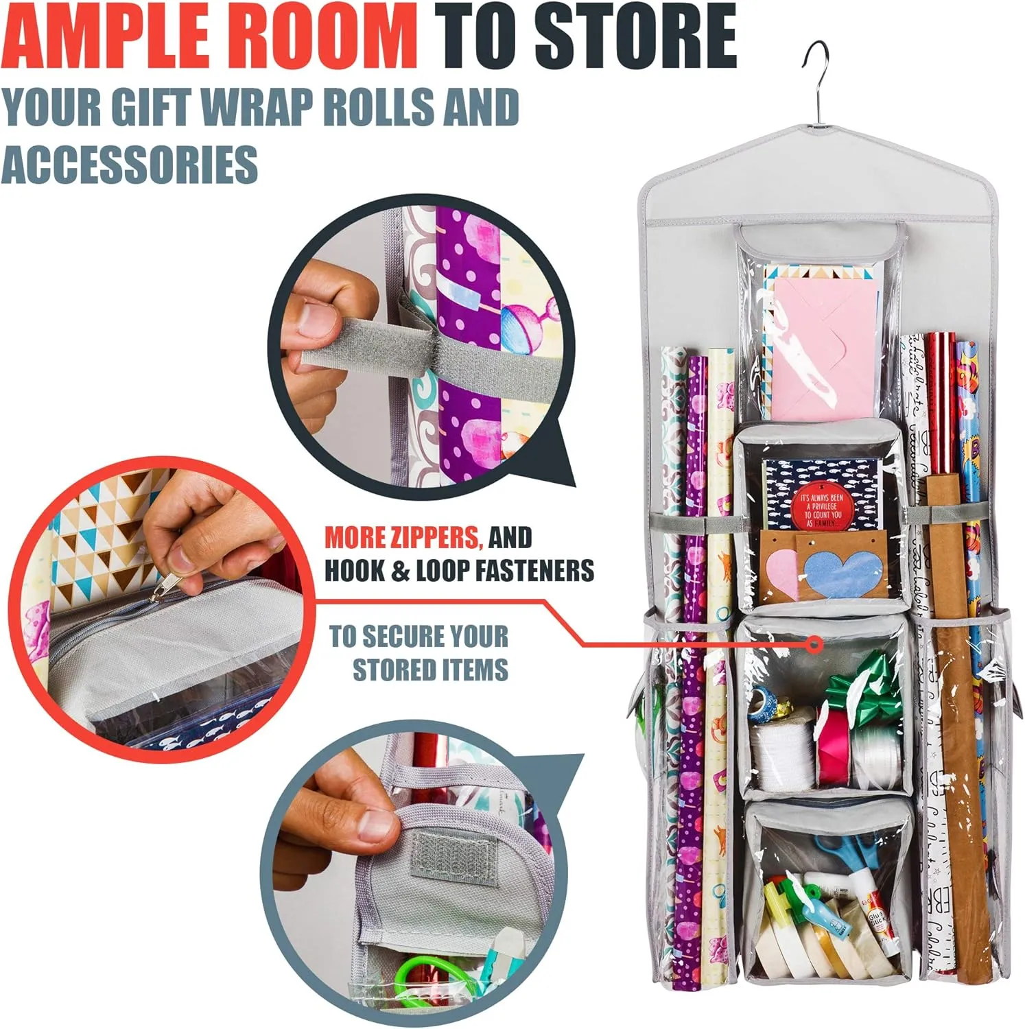 Double-Sided Hanging Gift Bag and Gift Wrap Organizer (Light Grey)