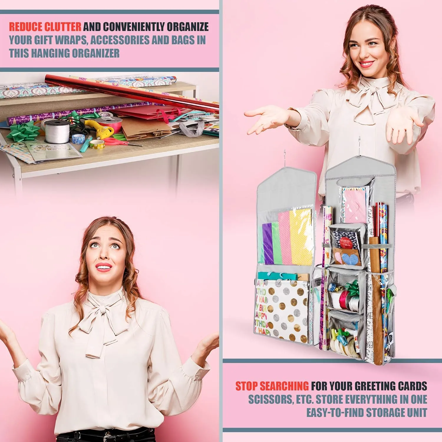 Double-Sided Hanging Gift Bag and Gift Wrap Organizer (Light Grey)
