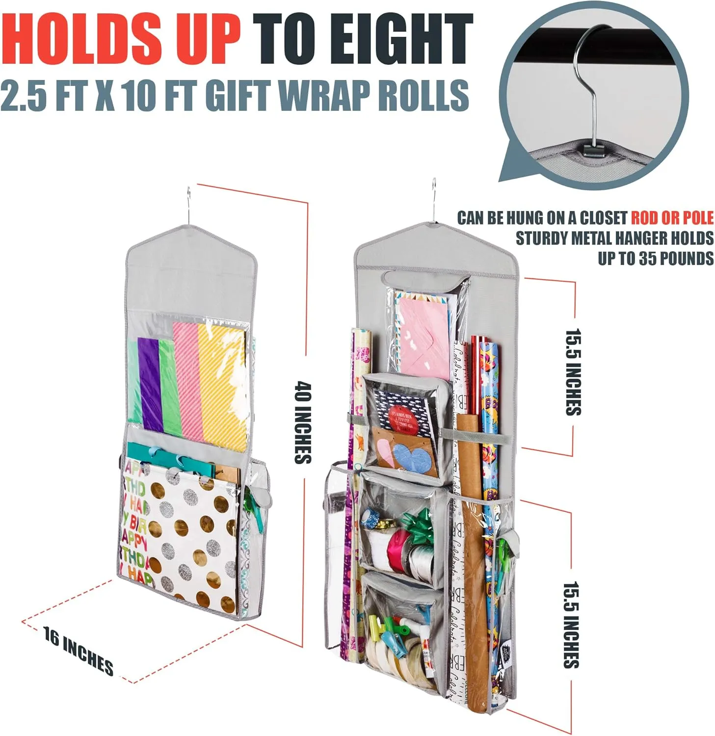 Double-Sided Hanging Gift Bag and Gift Wrap Organizer (Light Grey)