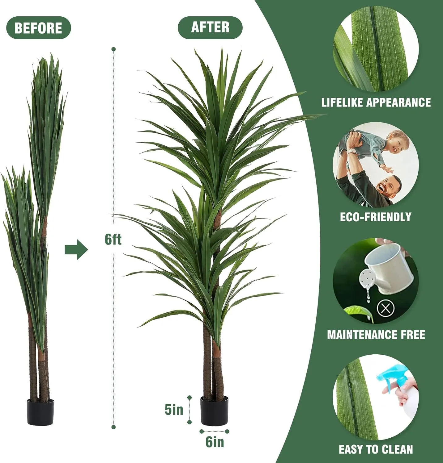 Dracaena Silk Plant Corn Stalk 6ft Tall Faux Plants Indoor Large Fake Plants Potted Yucca Tree Tropical Floor Plants Artificial Silk Palm Trees for Home Office Store Decor Housewarming Gift