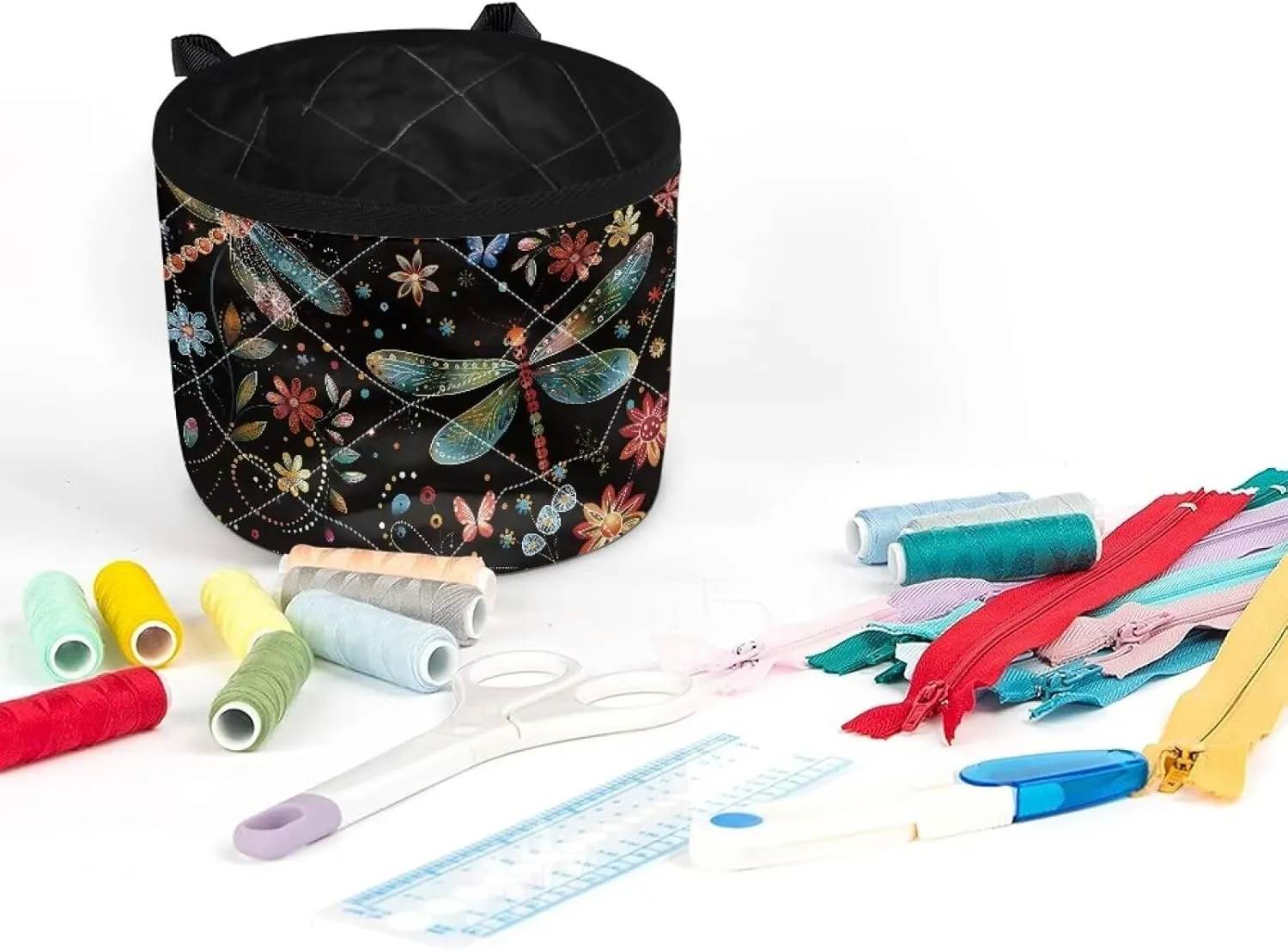 Dragonfly and Floral Sewing Machine Mat Fits Most Sewing Table Sewing Bag Organizer, Waterproof Non Slip Sewing Machine Carrying Case Organizer with Pockets