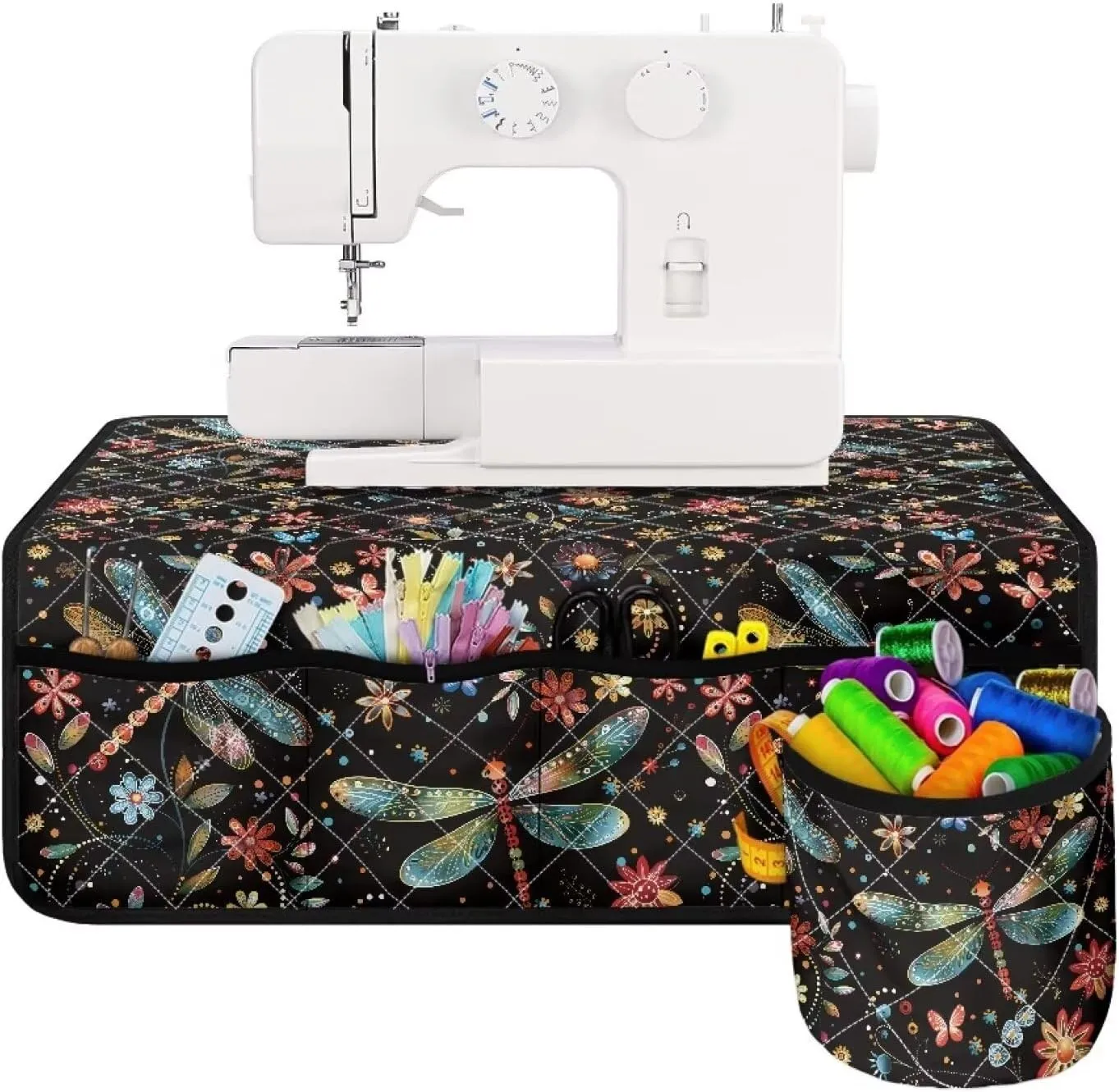 Dragonfly and Floral Sewing Machine Mat Fits Most Sewing Table Sewing Bag Organizer, Waterproof Non Slip Sewing Machine Carrying Case Organizer with Pockets