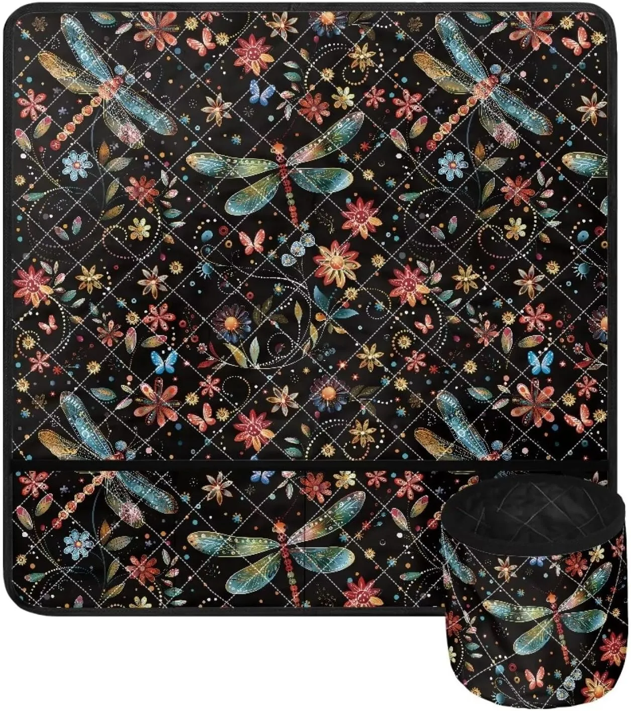 Dragonfly and Floral Sewing Machine Mat Fits Most Sewing Table Sewing Bag Organizer, Waterproof Non Slip Sewing Machine Carrying Case Organizer with Pockets