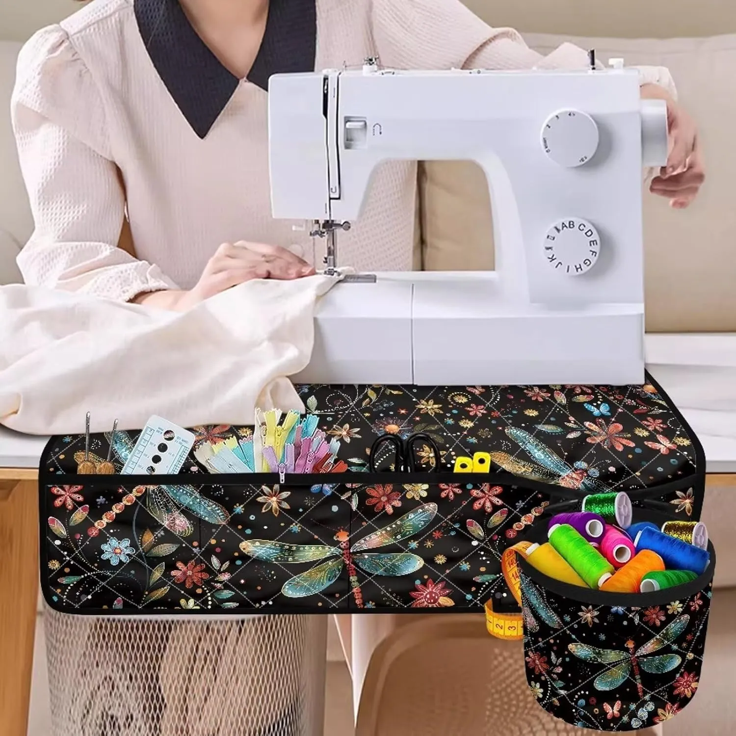 Dragonfly and Floral Sewing Machine Mat Fits Most Sewing Table Sewing Bag Organizer, Waterproof Non Slip Sewing Machine Carrying Case Organizer with Pockets