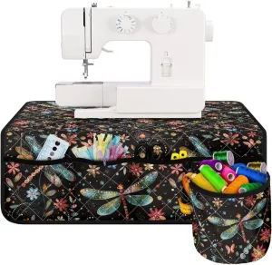 Dragonfly and Floral Sewing Machine Mat Fits Most Sewing Table Sewing Bag Organizer, Waterproof Non Slip Sewing Machine Carrying Case Organizer with Pockets