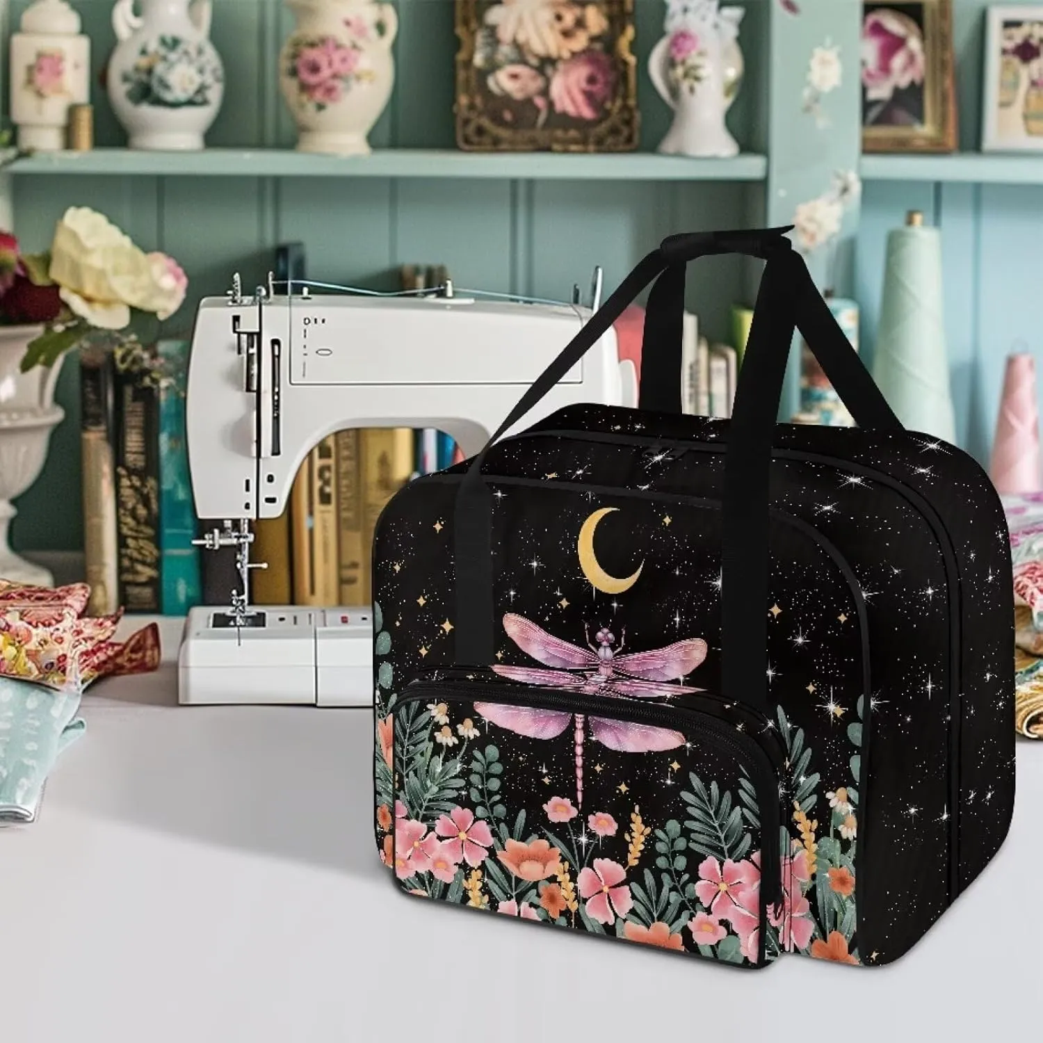 Dragonfly Moonflower Sewing Machine Bag Large Capacity Sewing Machine Carrying Case Portable Travel Storage Carry Case with Pockets for Singer Brother Janome and Accessories