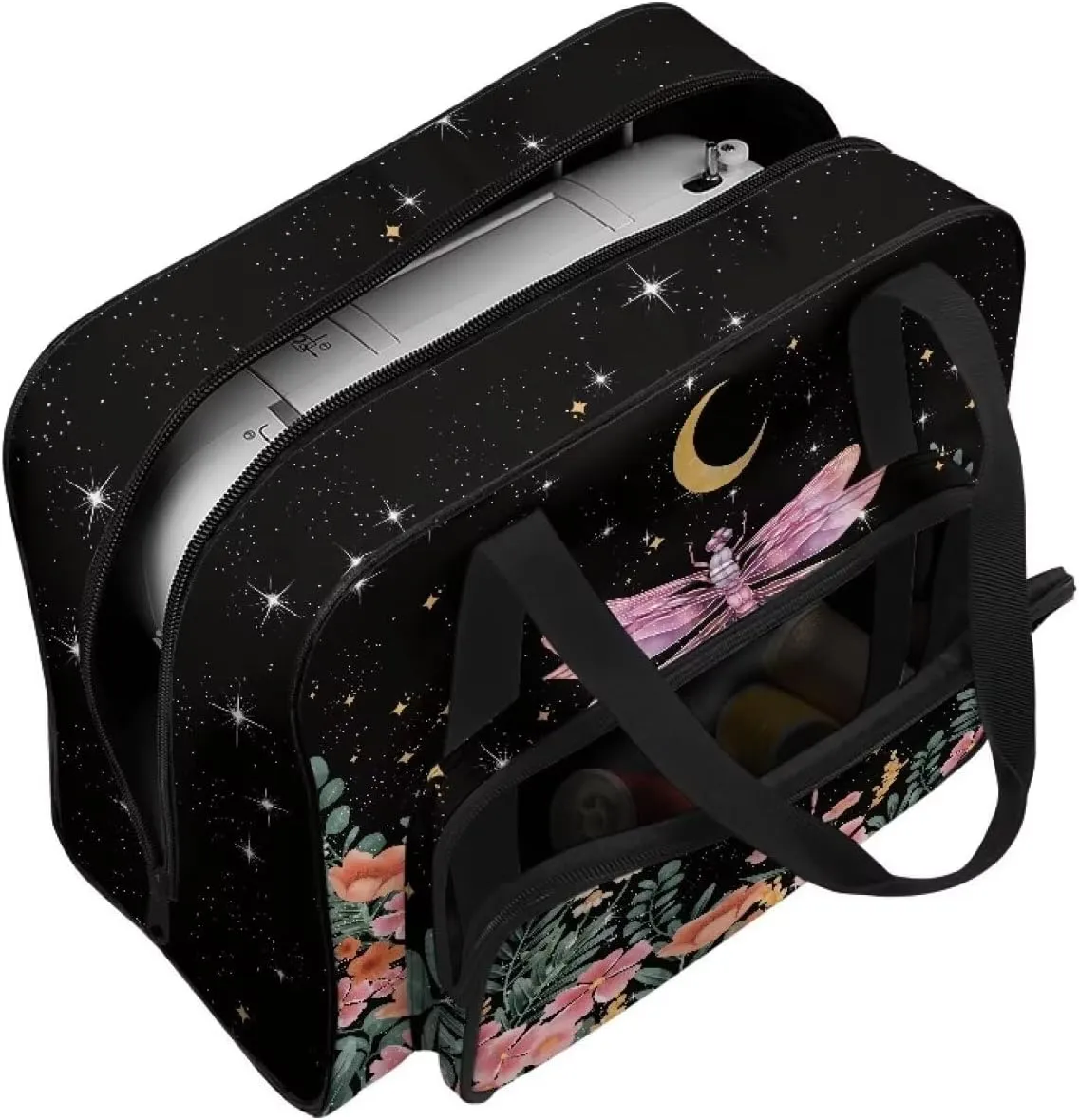 Dragonfly Moonflower Sewing Machine Bag Large Capacity Sewing Machine Carrying Case Portable Travel Storage Carry Case with Pockets for Singer Brother Janome and Accessories