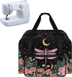 Dragonfly Moonflower Sewing Machine Bag Large Capacity Sewing Machine Carrying Case Portable Travel Storage Carry Case with Pockets for Singer Brother Janome and Accessories