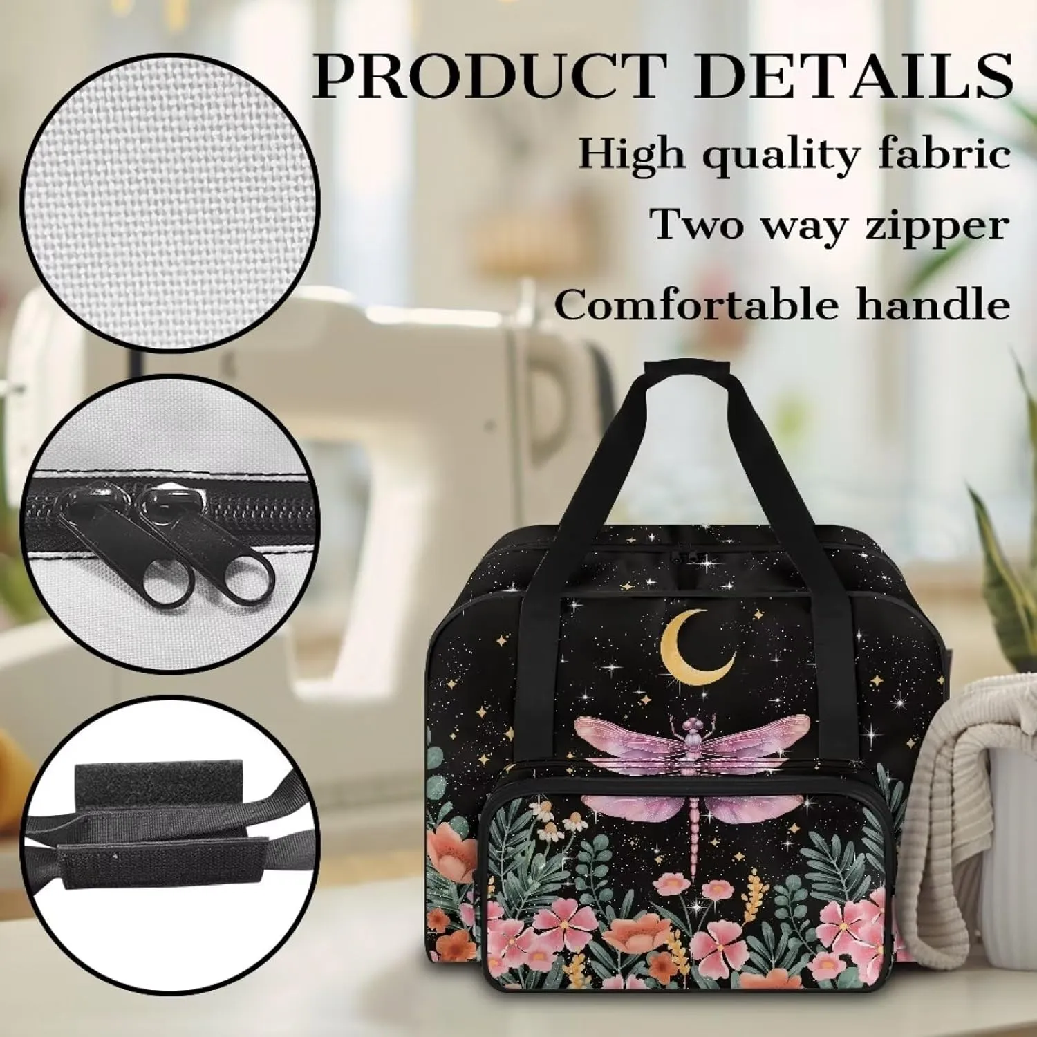 Dragonfly Moonflower Sewing Machine Bag Large Capacity Sewing Machine Carrying Case Portable Travel Storage Carry Case with Pockets for Singer Brother Janome and Accessories