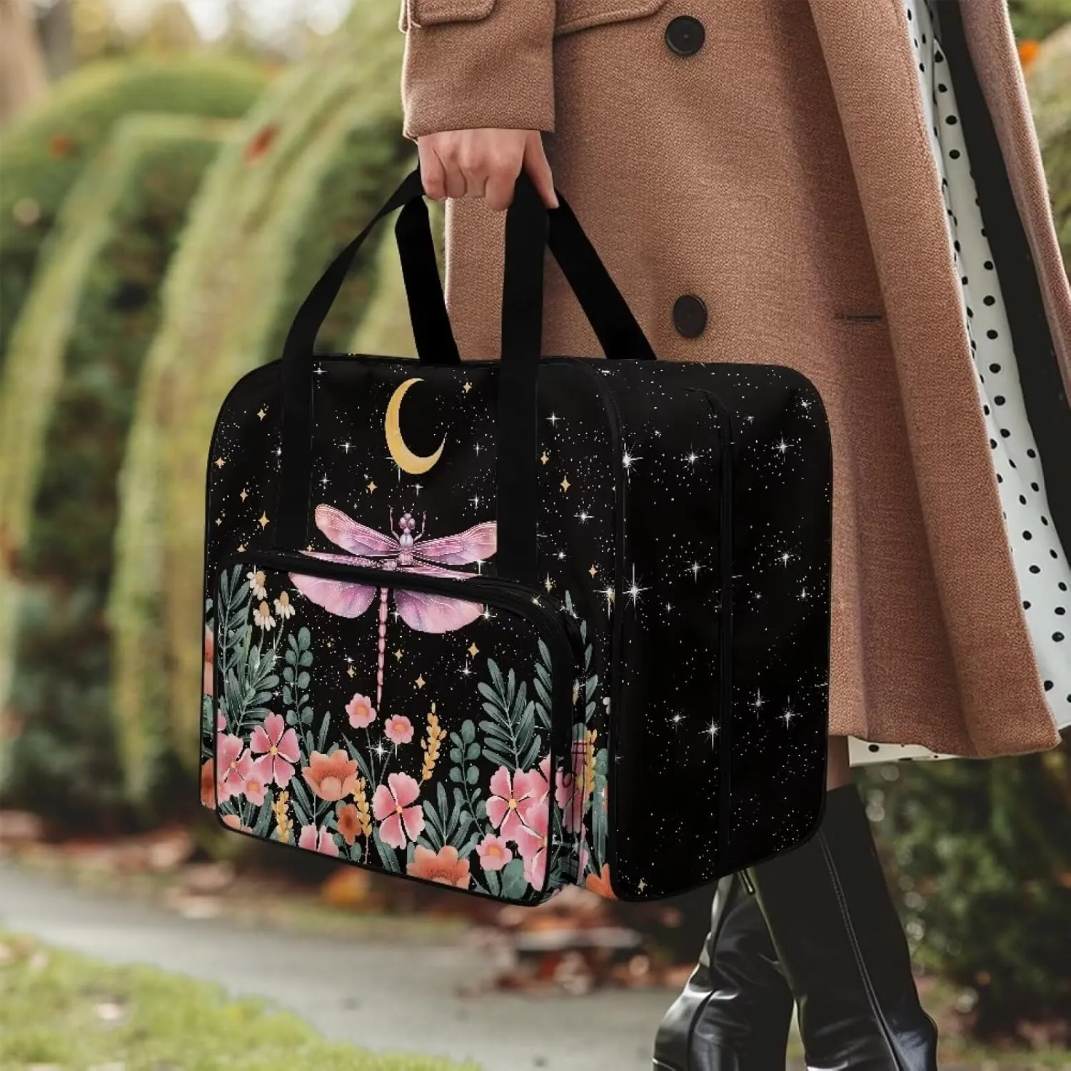 Dragonfly Moonflower Sewing Machine Bag Large Capacity Sewing Machine Carrying Case Portable Travel Storage Carry Case with Pockets for Singer Brother Janome and Accessories