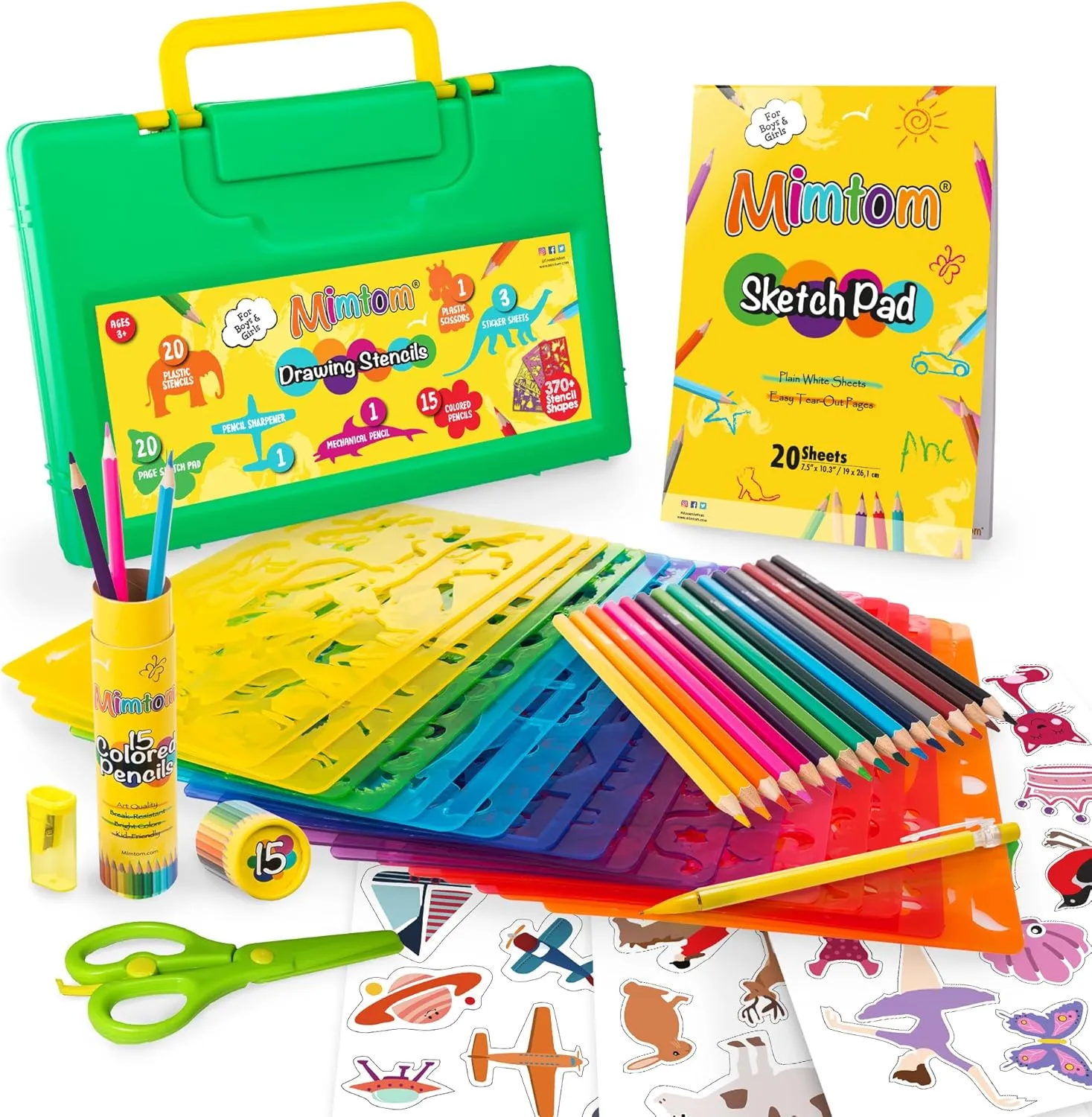 Drawing Stencil Kit for Kids, 60 PC Art Set with 370  Shapes, Sketch Pad, and Colored Pencils for DIY Arts and Crafts for Boys and Girls, Draw with Letter, Animal and Car Stencils, Green