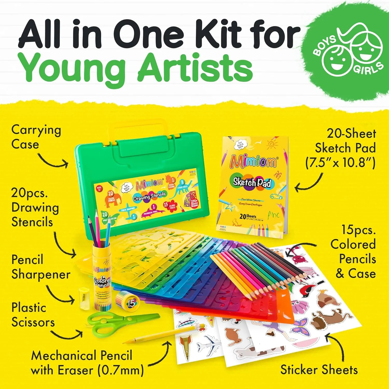 Drawing Stencil Kit for Kids, 60 PC Art Set with 370  Shapes, Sketch Pad, and Colored Pencils for DIY Arts and Crafts for Boys and Girls, Draw with Letter, Animal and Car Stencils, Green