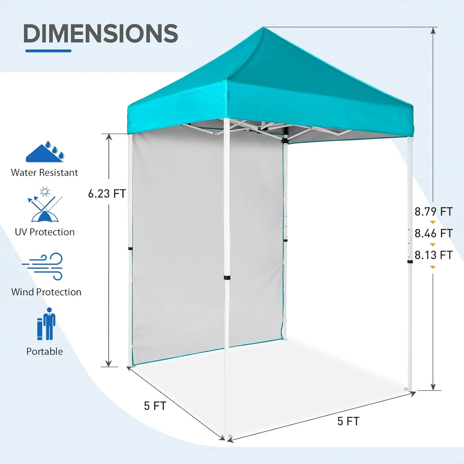 EAGLE PEAK Pop up Canopy 5x5, Outdoor Portable Canopy Tent with One Removable Sunwall, Carry Bag Included, Turquoise