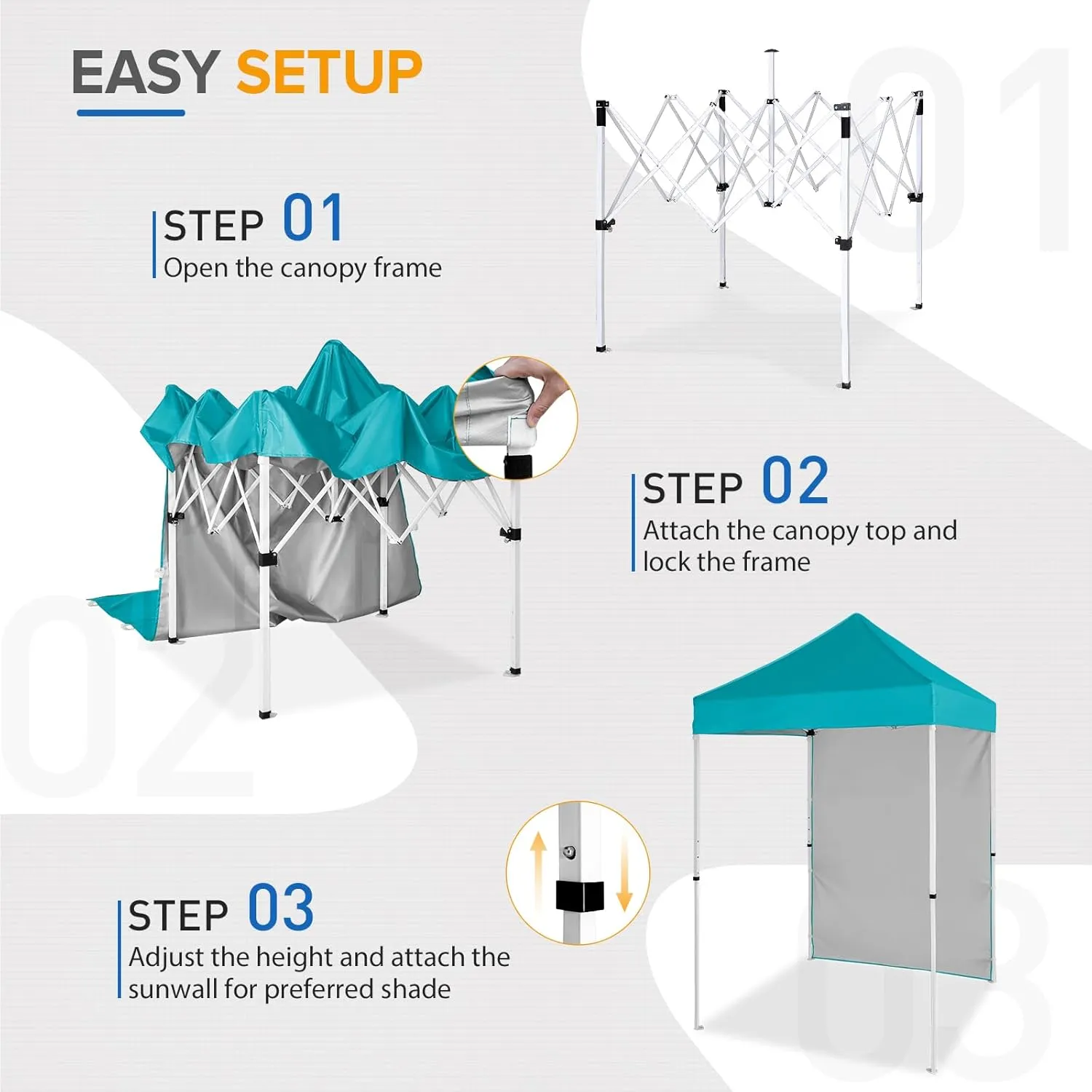 EAGLE PEAK Pop up Canopy 5x5, Outdoor Portable Canopy Tent with One Removable Sunwall, Carry Bag Included, Turquoise