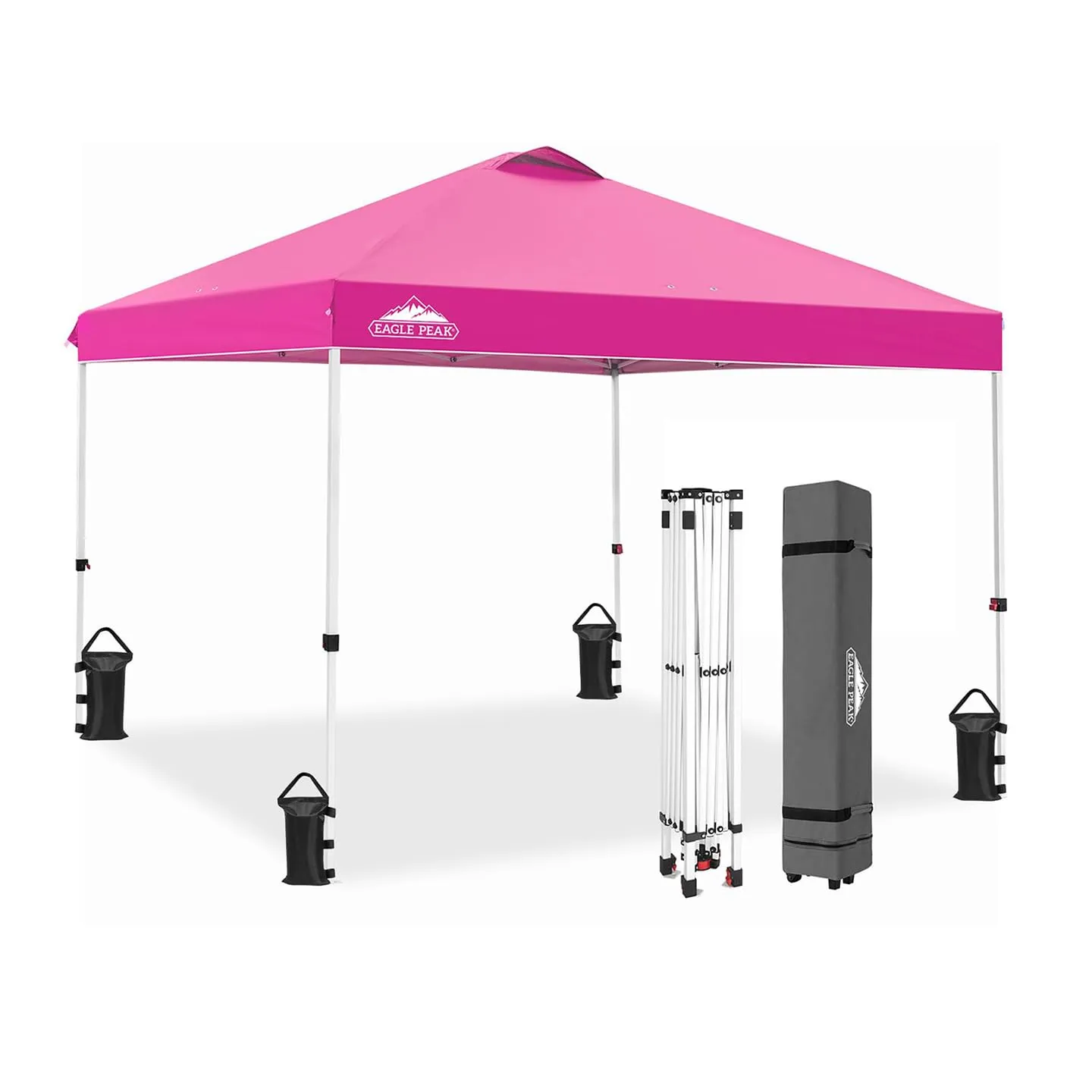 EAGLE PEAK Pop Up Canopy Tent with Wheeled Carry Bag, 8 Stakes, 4 Ropes, 4 Weight Bags, Easy Set Up Tent Canopy, 10x10 ft, 100sqft of Shade, Pink