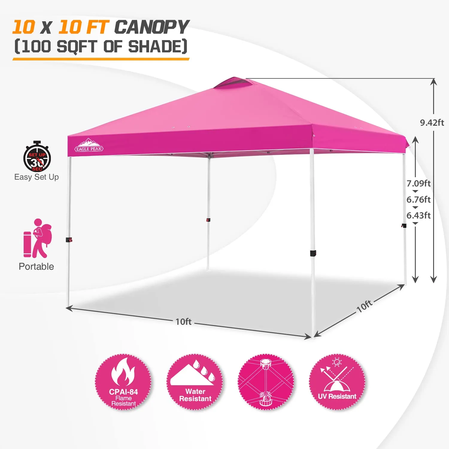 EAGLE PEAK Pop Up Canopy Tent with Wheeled Carry Bag, 8 Stakes, 4 Ropes, 4 Weight Bags, Easy Set Up Tent Canopy, 10x10 ft, 100sqft of Shade, Pink