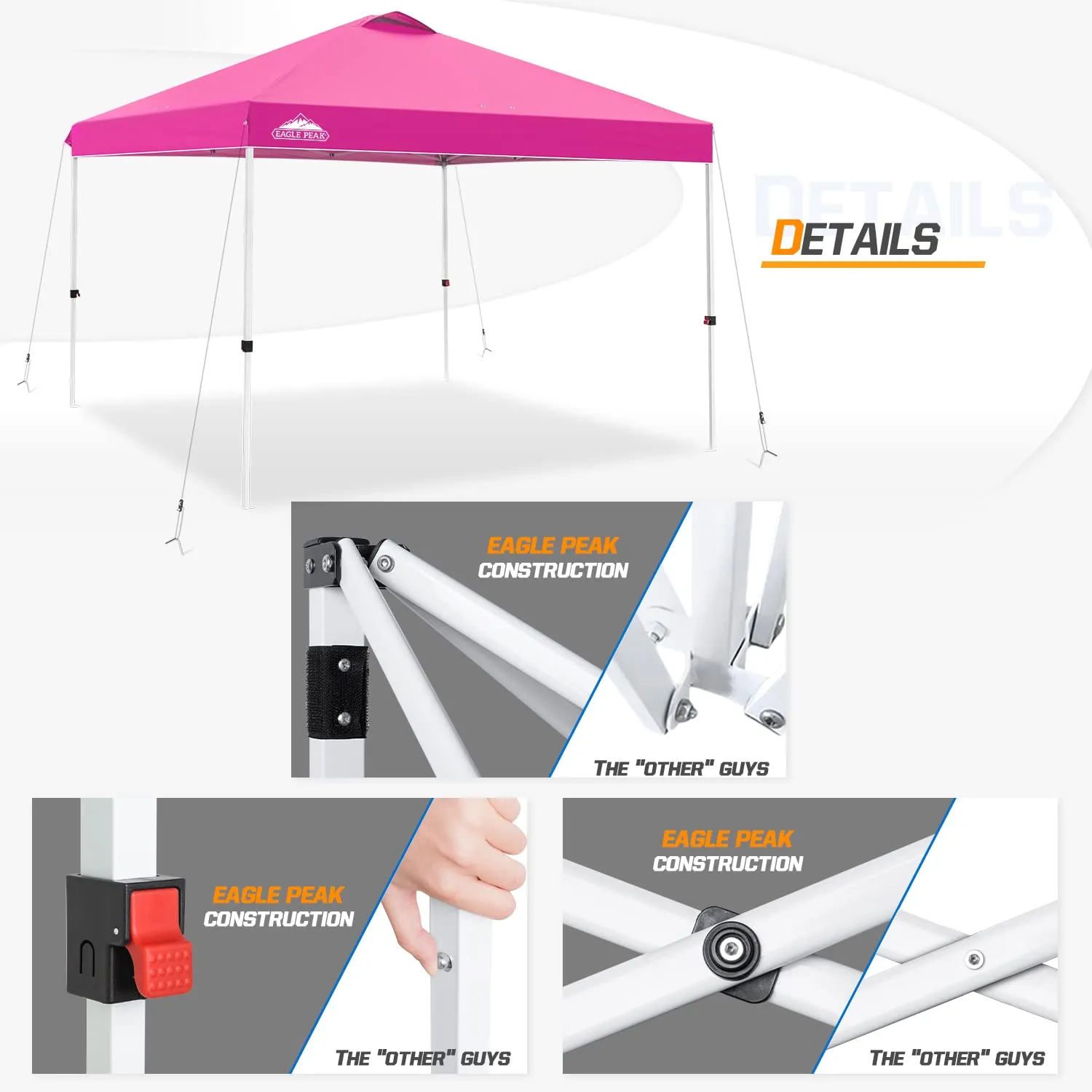 EAGLE PEAK Pop Up Canopy Tent with Wheeled Carry Bag, 8 Stakes, 4 Ropes, 4 Weight Bags, Easy Set Up Tent Canopy, 10x10 ft, 100sqft of Shade, Pink