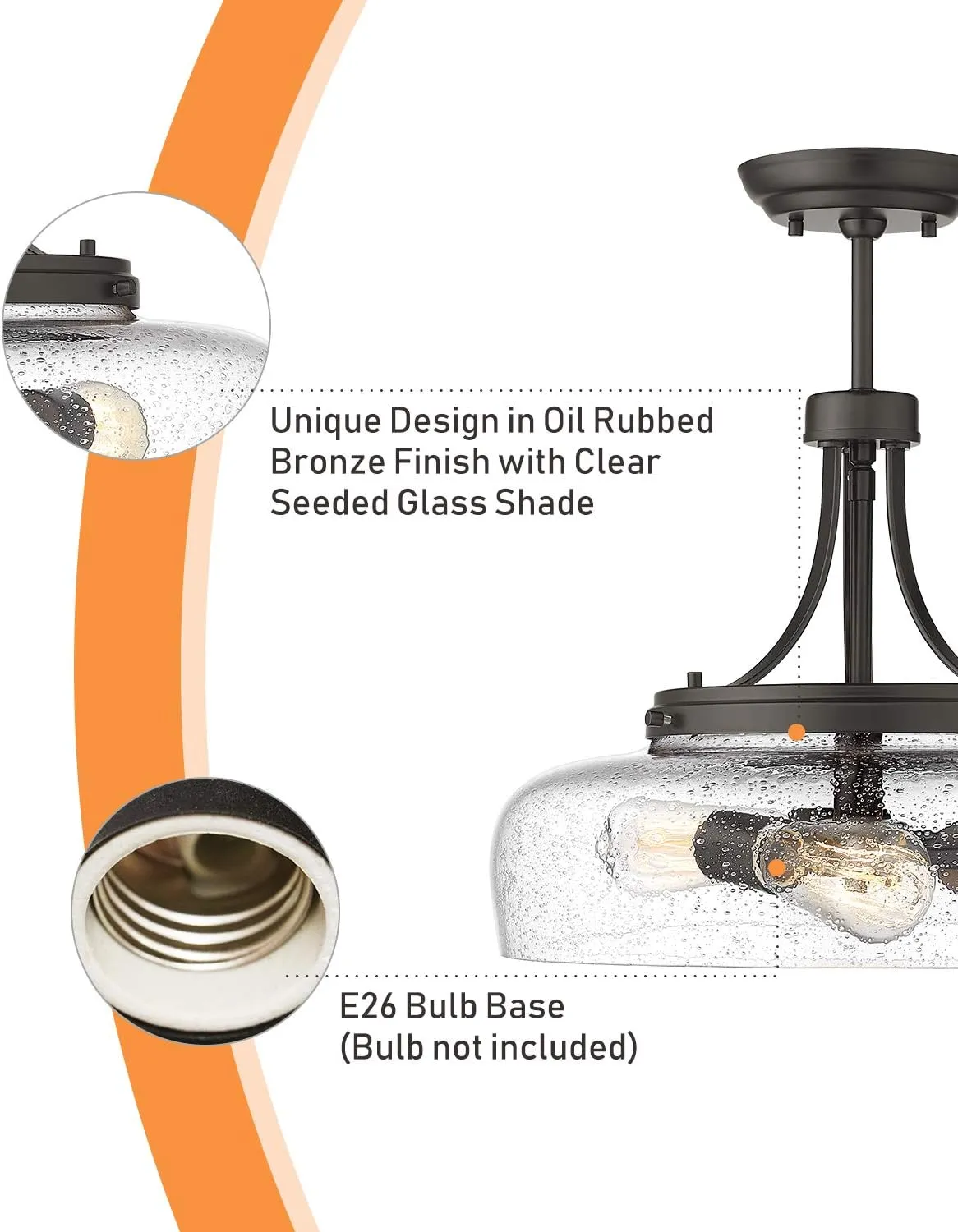 EAPUDUN Farmhouse Semi Flush Mount Ceiling Light Fixture, 3-Light Industrial Pendant Light in Oil Rubbed Bronze Finish with Clear Seeded Glass Shade, SMA1126-ORB
