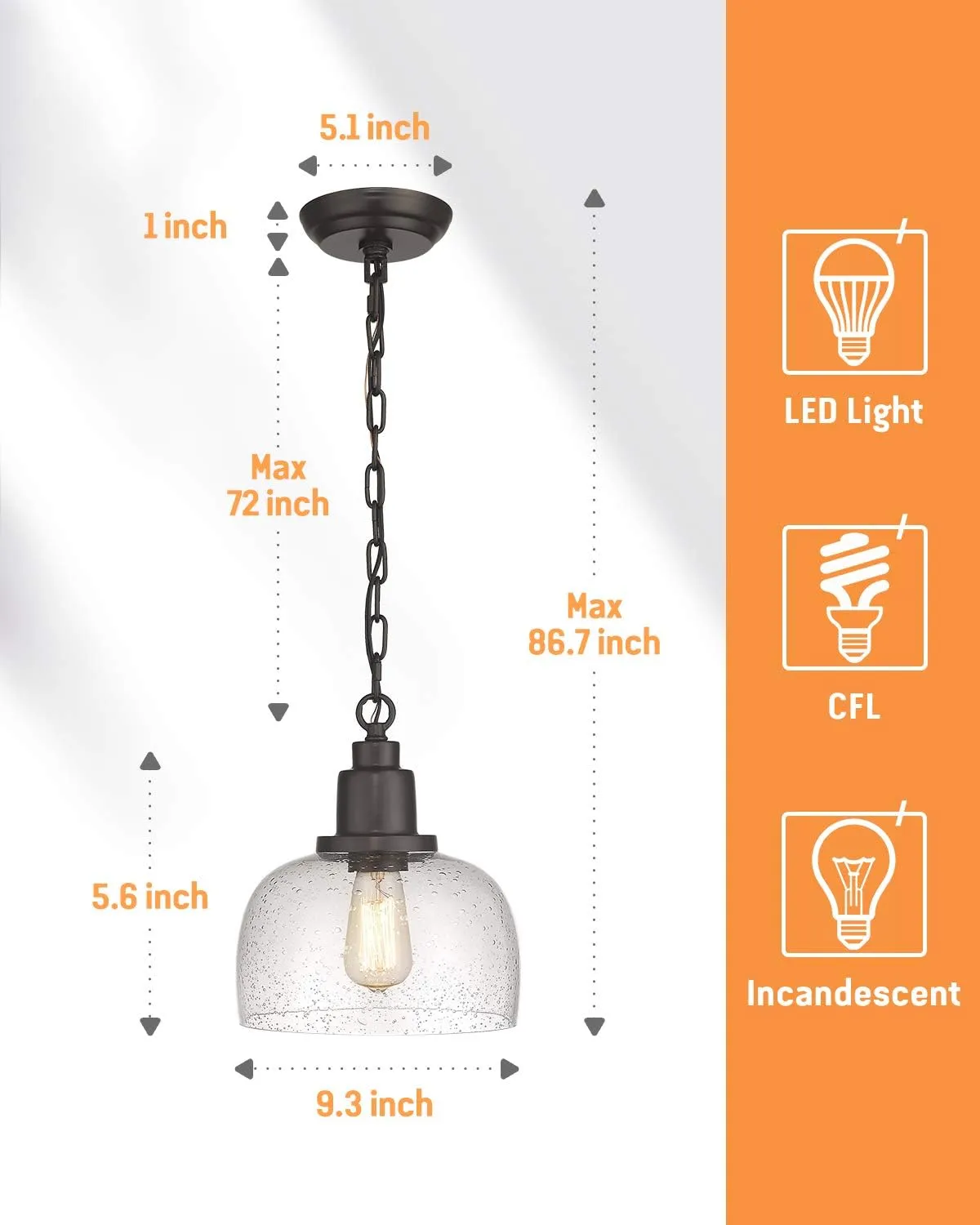 EAPUDUN Modern Farmhouse Pendant Light, 1-Light Industrial Hanging Light Fixture, Oil Rubbed Bronze Finish with 9.3-inch Seeded Glass Shade, PDA1127-ORB