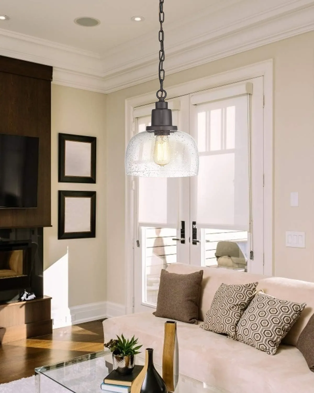 EAPUDUN Modern Farmhouse Pendant Light, 1-Light Industrial Hanging Light Fixture, Oil Rubbed Bronze Finish with 9.3-inch Seeded Glass Shade, PDA1127-ORB