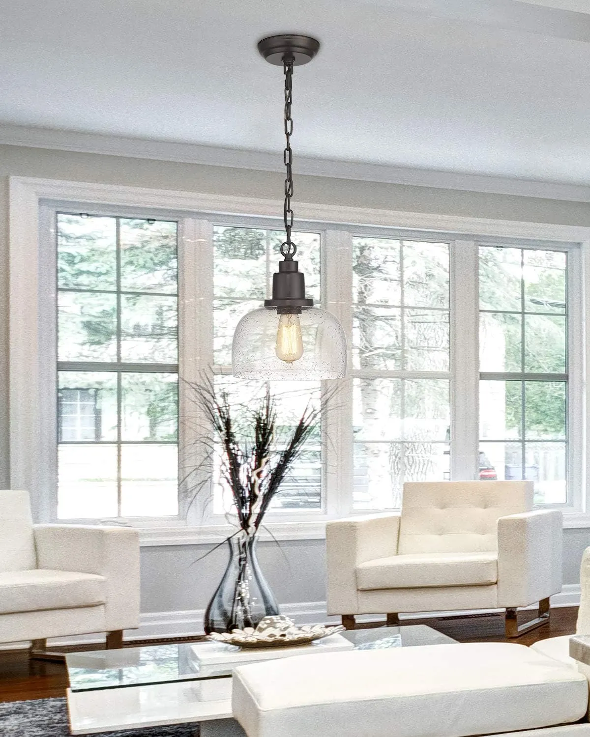 EAPUDUN Modern Farmhouse Pendant Light, 1-Light Industrial Hanging Light Fixture, Oil Rubbed Bronze Finish with 9.3-inch Seeded Glass Shade, PDA1127-ORB