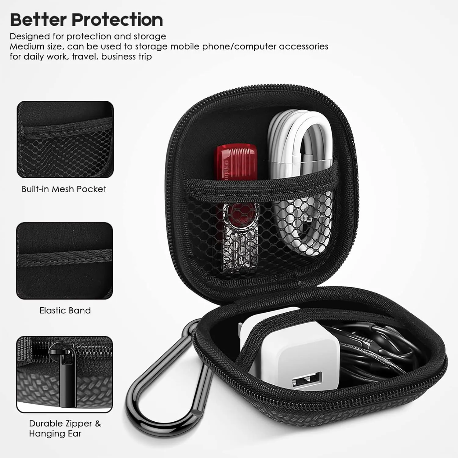 Earbud Case Hard EVA Earphone Carrying Case Cell Phone Accessories Storage Bag with Carabiner for Airpods Headset Earphone Flash Drive Charging Cable Key Wall Charger USB Adapter Cable (Blue 4Pack)