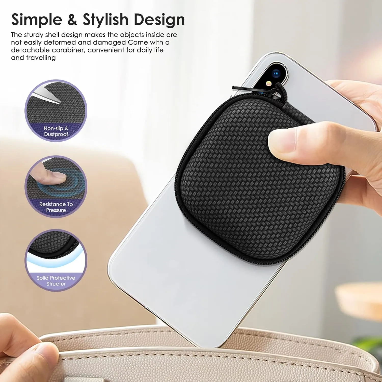 Earbud Case Hard EVA Earphone Carrying Case Cell Phone Accessories Storage Bag with Carabiner for Airpods Headset Earphone Flash Drive Charging Cable Key Wall Charger USB Adapter Cable (Blue 4Pack)