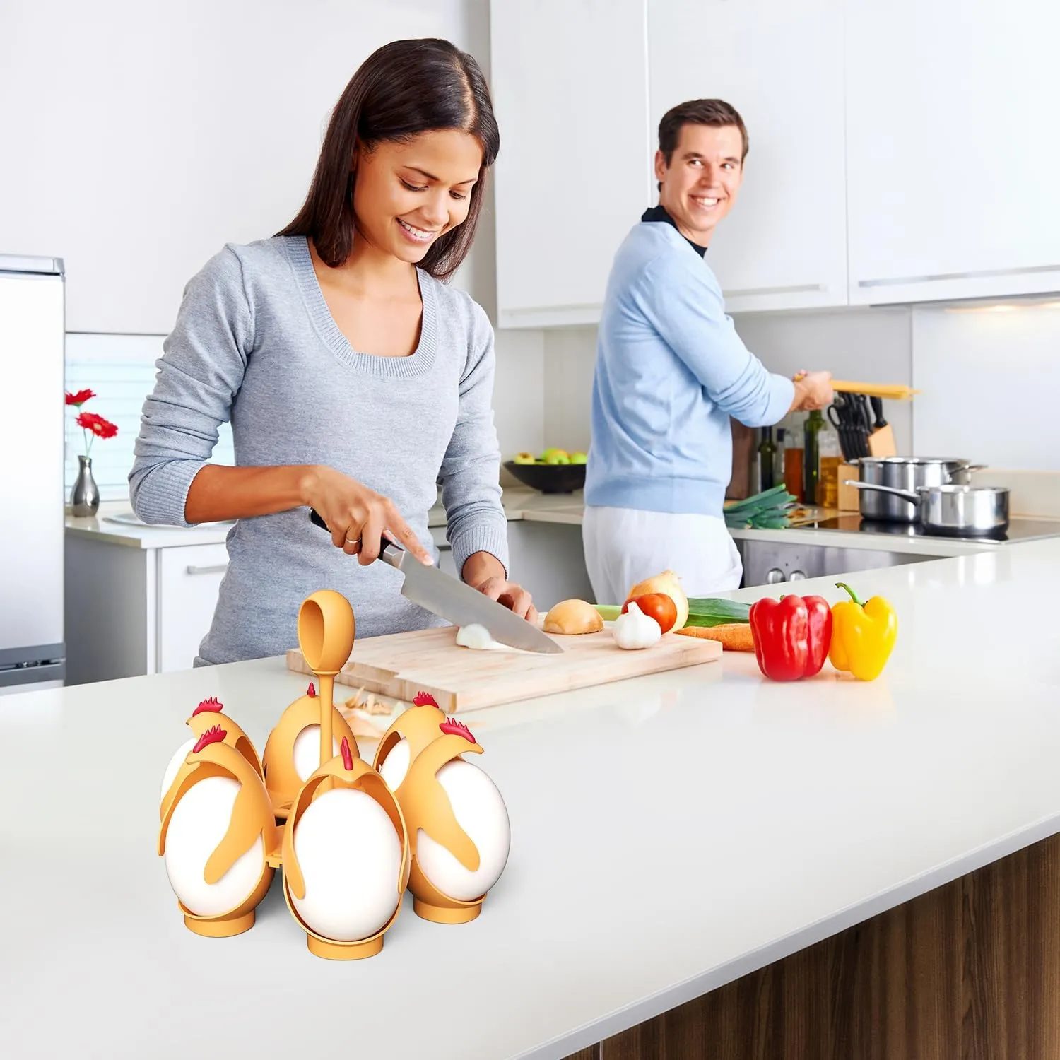 Egg Boiler Machine Egg Poacher Eggies, Egguins 3-In-1 Cook, Store and Serve Egg Holder Egg Steamer, Chickens-Shaped for Making Soft Or Hard Boiled Egg, Hold 6 Eggs Poached Egg Molds for Cooking