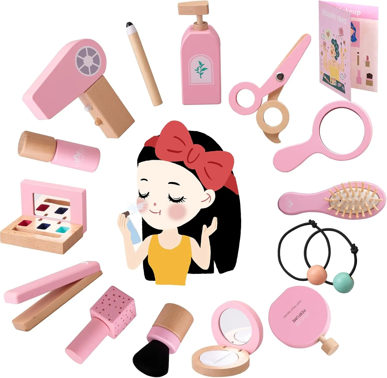 Ehome Wooden Beauty Salon Play Set, Makeup Kit Play Set Wood Makeup Toy Set for Toddler Pretend Play Makeup Kit with Realistic Accessories for Girls 3 4 5 6 7 8 Year Old Christmas Birthday Gifts