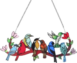 Eight Birds On Branch Cardinal Hummingbird Suncatcher Kingfisher Window Hanging Decor Bird Ornament Bird Lover Gift for Mom Grandma