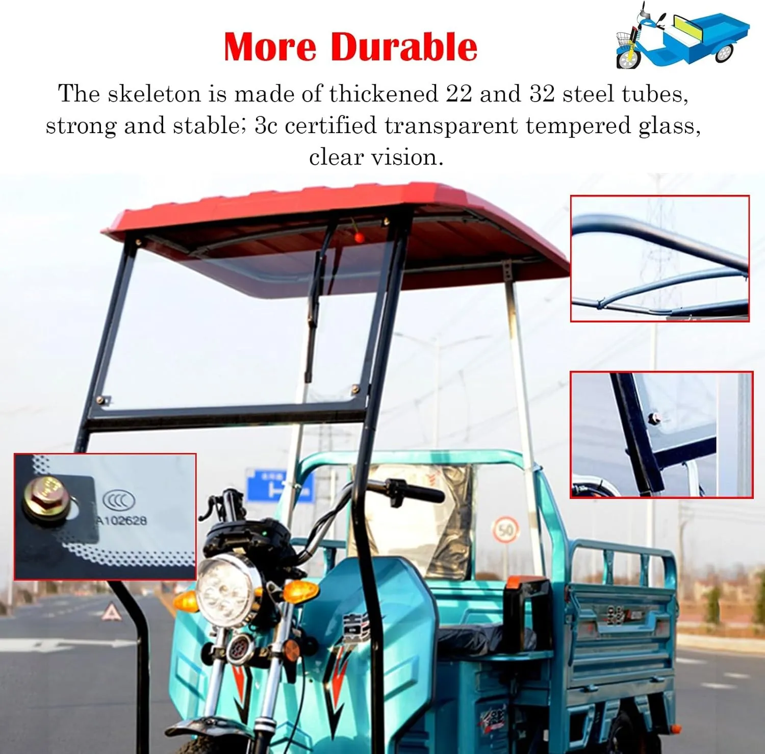 Electric Tricycle Protective Cover for All Sanbengzi, Sanbengzi Awning for Rain Sun Snow Proof, Tricycle Frame Canopy with Reflective Strips(Dark Blue,43.3inch/110cm Wide)