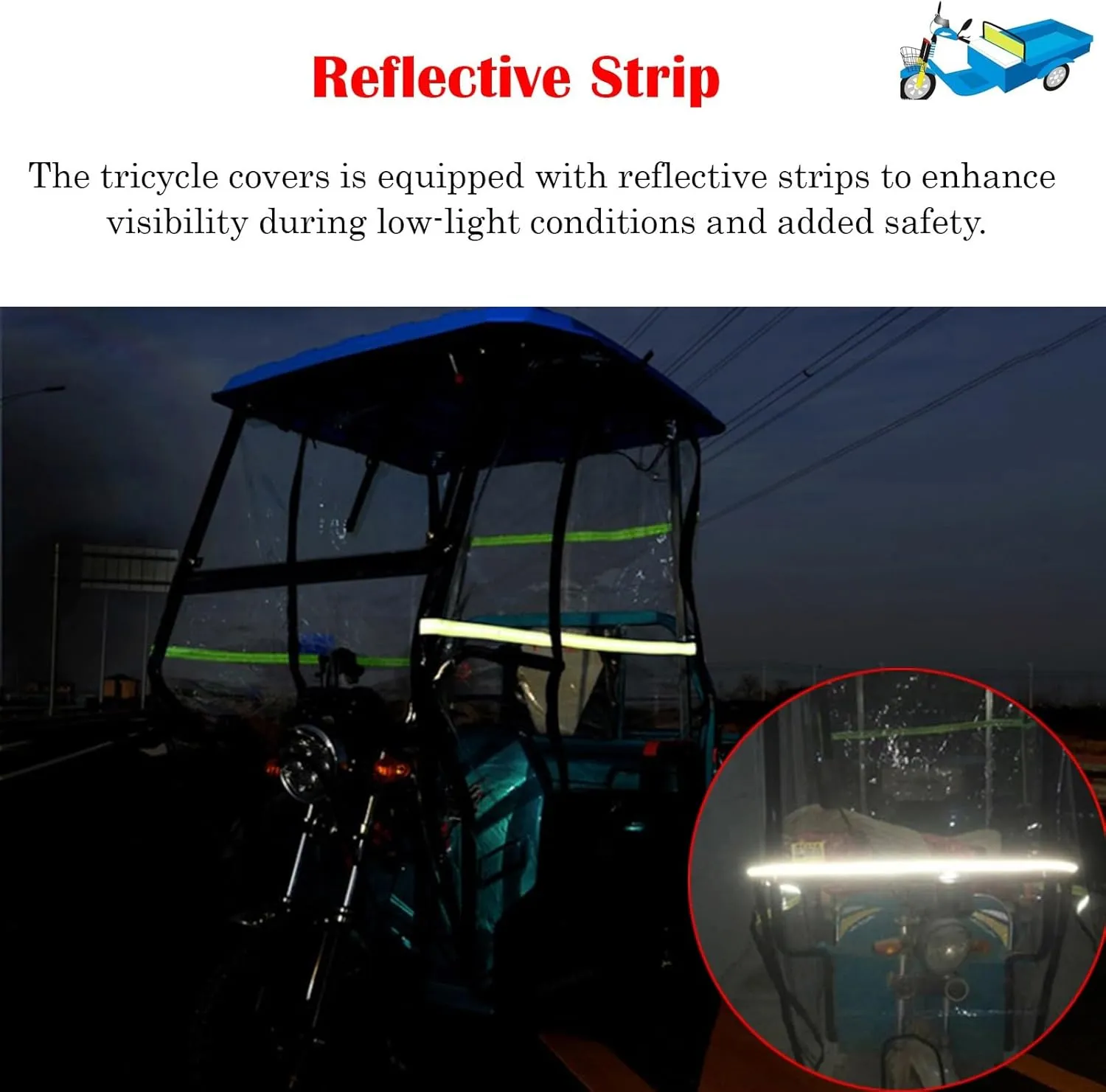Electric Tricycle Protective Cover for All Sanbengzi, Sanbengzi Awning for Rain Sun Snow Proof, Tricycle Frame Canopy with Reflective Strips(Dark Blue,43.3inch/110cm Wide)