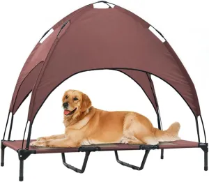 Elevated Dog Bed with Canopy, 48-inch Waterproof Pet Cot, Portable Outdoor Pet Bed with Carry Bag, Indoor/Outdoor Cooling Canopy Dog Tent for Large Dogs (Brown)