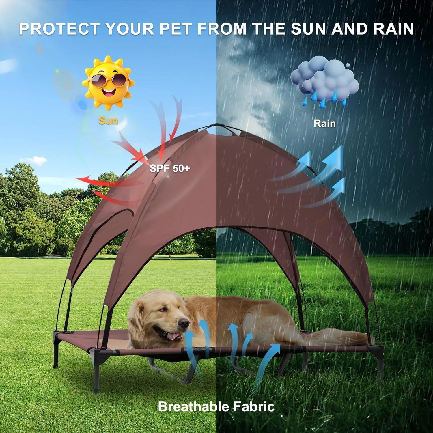 Elevated Dog Bed with Canopy, 48-inch Waterproof Pet Cot, Portable Outdoor Pet Bed with Carry Bag, Indoor/Outdoor Cooling Canopy Dog Tent for Large Dogs (Brown)