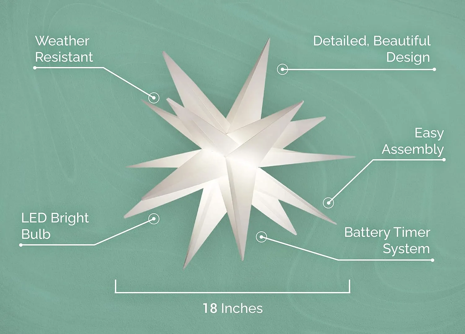 Elf Logic Large 18” Easy Assembly Warm White LED Moravian Star - Hanging Outdoor Christmas Light - Use as Holiday Decoration, Porch Light, 3D Fixture, Advent Star, Wedding & Ballroom Venue Decor