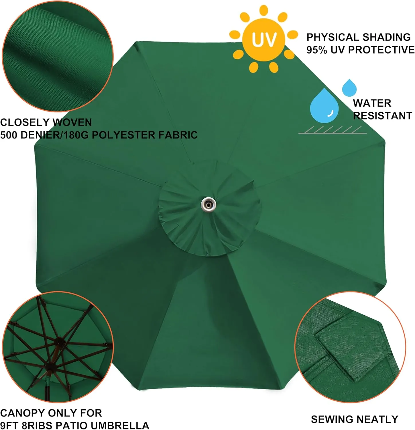EliteShade USA 9FT Patio Umbrella Replacement Covers 8 Ribs Market Umbrella Canopy Cover (CANOPY ONLY) (Forest Green)