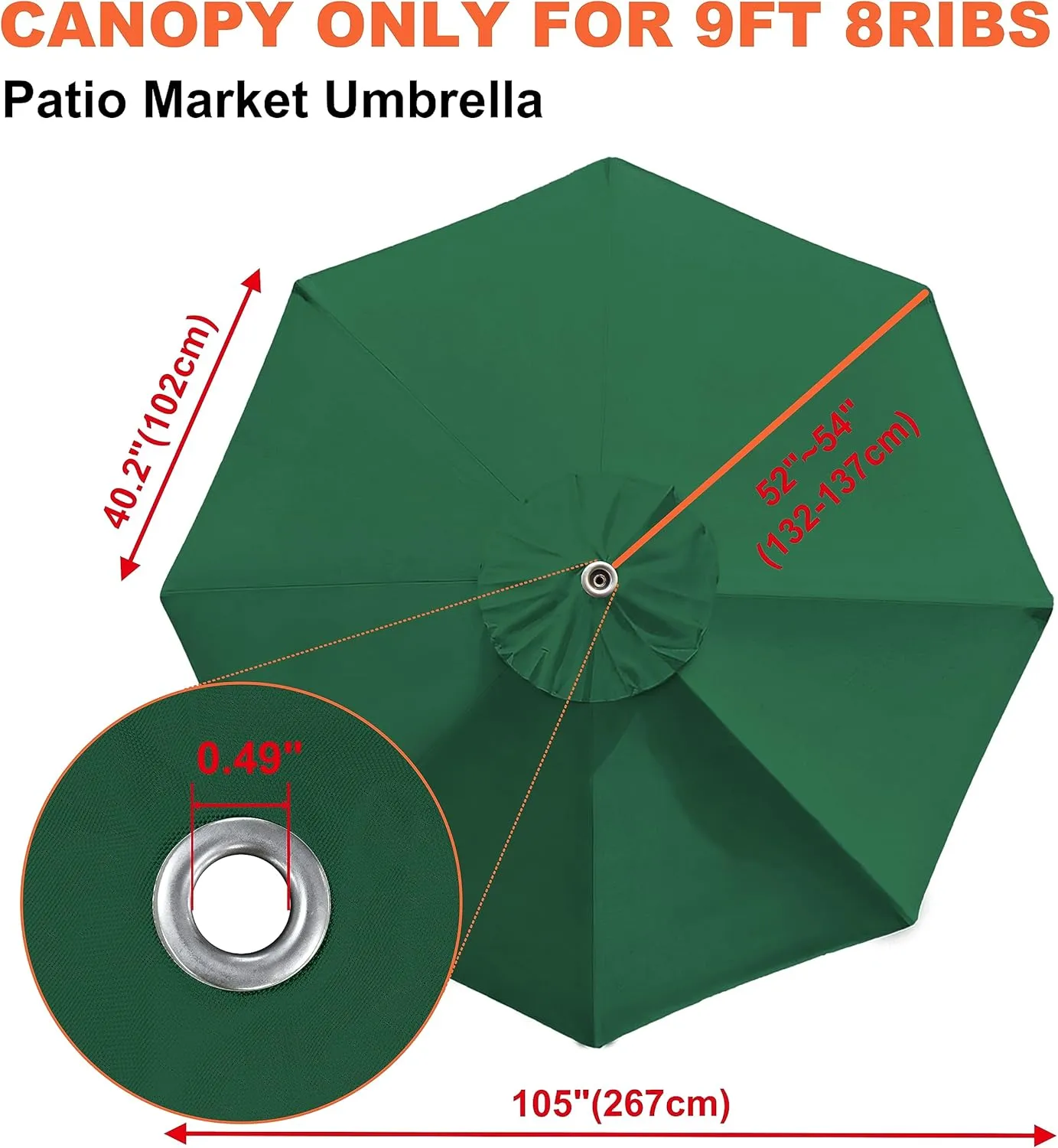 EliteShade USA 9FT Patio Umbrella Replacement Covers 8 Ribs Market Umbrella Canopy Cover (CANOPY ONLY) (Forest Green)