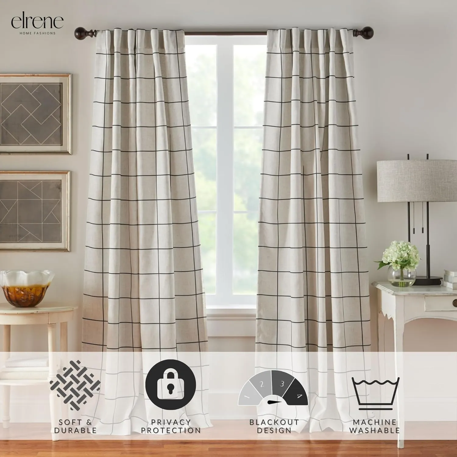 Elrene Home Fashions Brighton Windowpane Plaid Blackout Window Curtain, Living Room and Bedroom Drape with Rod Pocket Tabs, 52" x 84", Black, 1 Panel