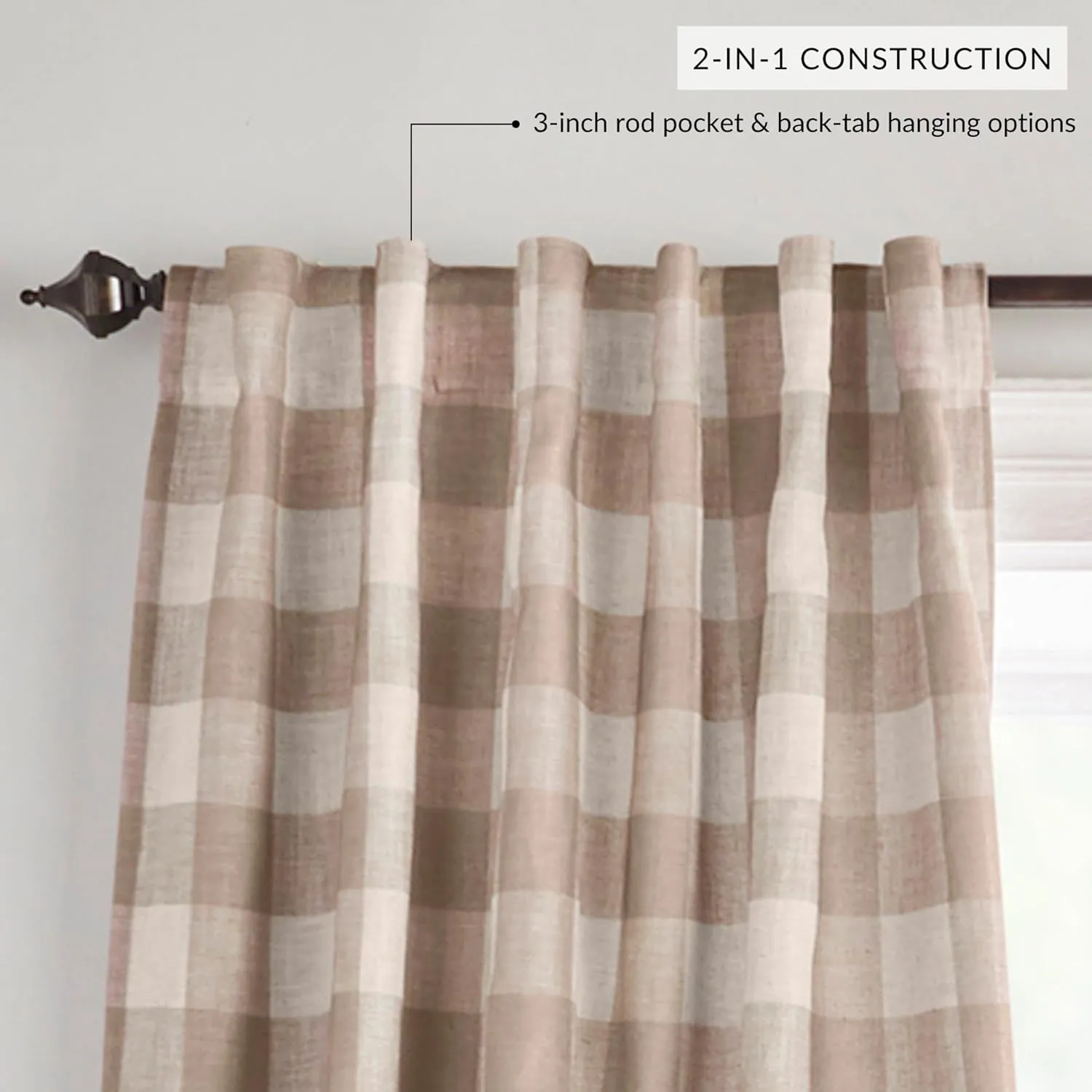 Elrene Home Fashions Farmhouse Living Grainger Buffalo-Check Blackout Window Curtain, Living Room and Bedroom Drape with Rod Pocket Tabs, 52" x 84", Linen, 1 Panel