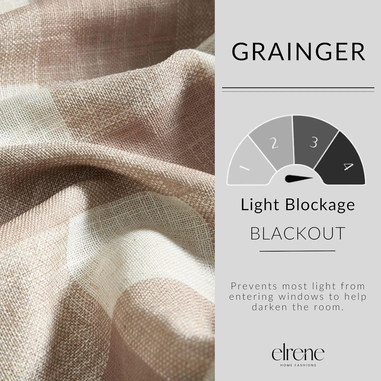 Elrene Home Fashions Farmhouse Living Grainger Buffalo-Check Blackout Window Curtain, Living Room and Bedroom Drape with Rod Pocket Tabs, 52" x 84", Linen, 1 Panel