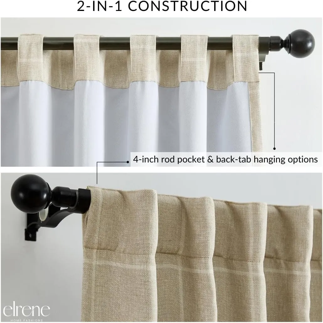 Elrene Home Fashions Sawyer Windowpane Plaid Blackout Window Curtain Panel with Rod Pocket/Back Tabs for Living Room/Bedroom/Office, 52"x84", Sand