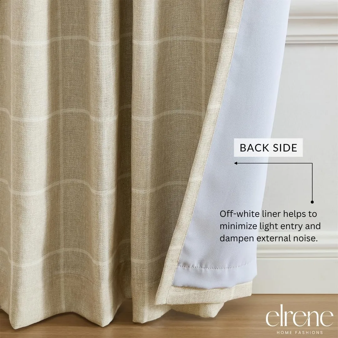 Elrene Home Fashions Sawyer Windowpane Plaid Blackout Window Curtain Panel with Rod Pocket/Back Tabs for Living Room/Bedroom/Office, 52"x84", Sand