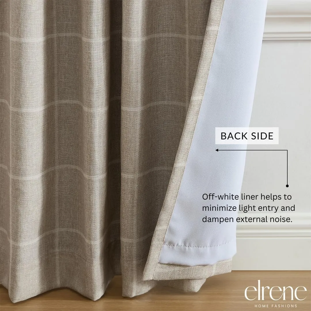 Elrene Home Fashions Sawyer Windowpane Plaid Blackout Window Curtain Panel with Rod Pocket/Back Tabs for Living Room/Bedroom/Office, 52"x84", Taupe