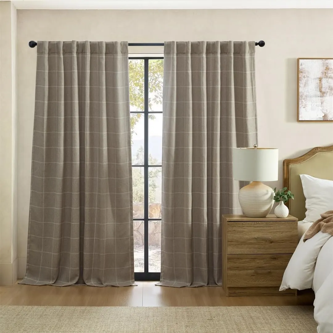 Elrene Home Fashions Sawyer Windowpane Plaid Blackout Window Curtain Panel with Rod Pocket/Back Tabs for Living Room/Bedroom/Office, 52"x84", Taupe