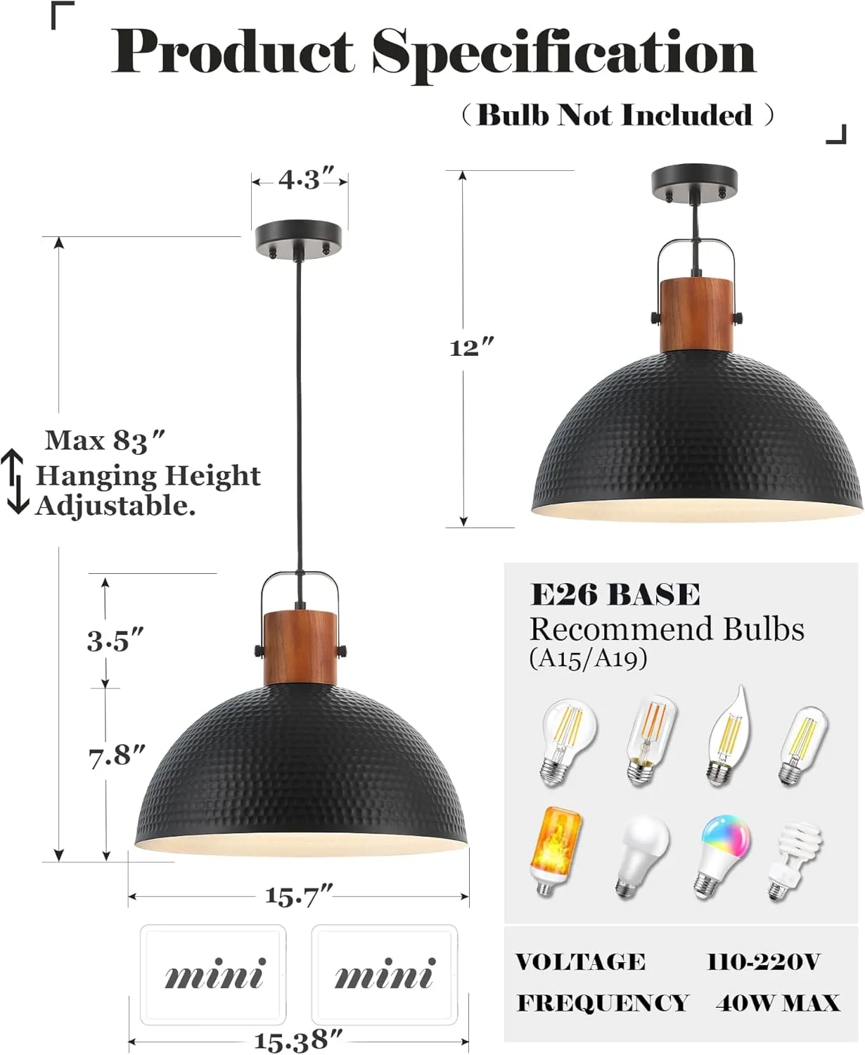 ELYONA 2 Pack Large Ash Wood Hammered Pendant Light Fixtures 16 Inch Metal Dome Ceiling Hanging Lamp, Industrial Kitchen Island Pendant Lighting for Farmhouse, Dining Room,Living Room, Black