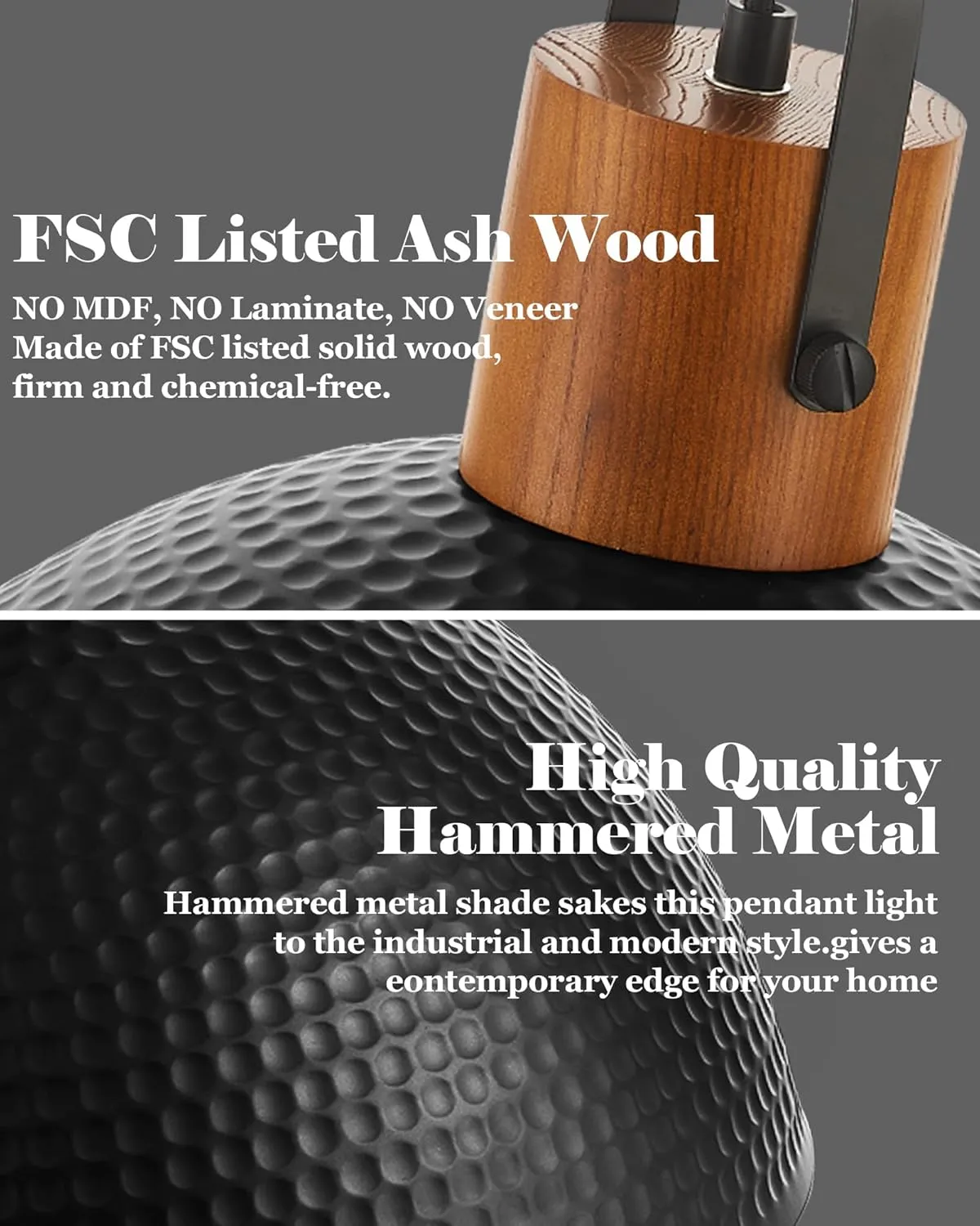ELYONA 2 Pack Large Ash Wood Hammered Pendant Light Fixtures 16 Inch Metal Dome Ceiling Hanging Lamp, Industrial Kitchen Island Pendant Lighting for Farmhouse, Dining Room,Living Room, Black