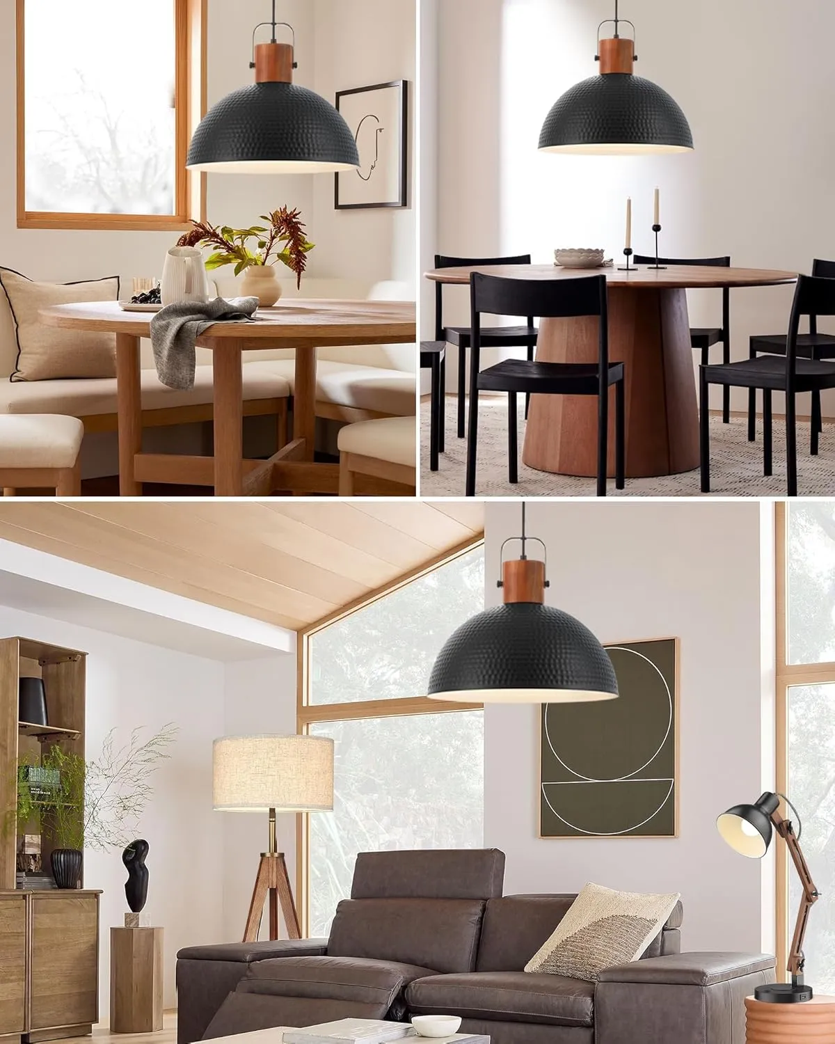 ELYONA 2 Pack Large Ash Wood Hammered Pendant Light Fixtures 16 Inch Metal Dome Ceiling Hanging Lamp, Industrial Kitchen Island Pendant Lighting for Farmhouse, Dining Room,Living Room, Black
