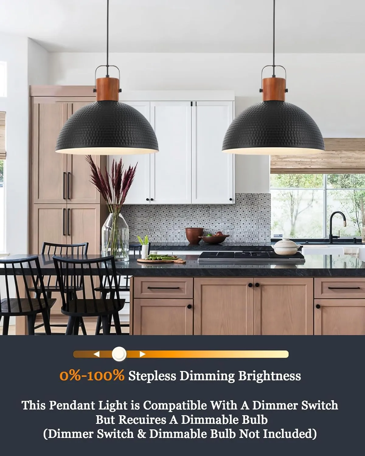 ELYONA 2 Pack Large Ash Wood Hammered Pendant Light Fixtures 16 Inch Metal Dome Ceiling Hanging Lamp, Industrial Kitchen Island Pendant Lighting for Farmhouse, Dining Room,Living Room, Black