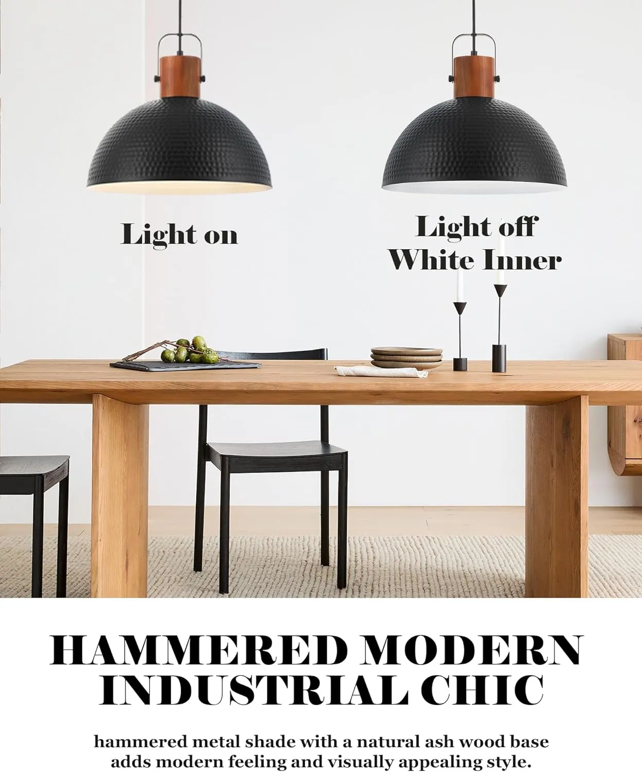 ELYONA 2 Pack Large Ash Wood Hammered Pendant Light Fixtures 16 Inch Metal Dome Ceiling Hanging Lamp, Industrial Kitchen Island Pendant Lighting for Farmhouse, Dining Room,Living Room, Black