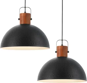 ELYONA 2 Pack Large Ash Wood Hammered Pendant Light Fixtures 16 Inch Metal Dome Ceiling Hanging Lamp, Industrial Kitchen Island Pendant Lighting for Farmhouse, Dining Room,Living Room, Black